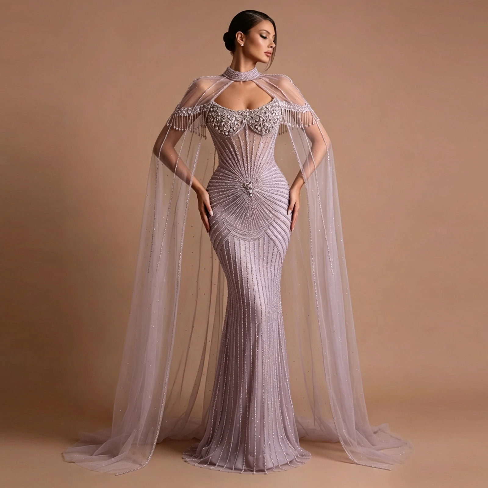 Eshaut&bridal Luxury Beaded Mermaid Evening Gown With Cape High Neck Long Formal Prom Dress Wedding Party Dress for Customized
