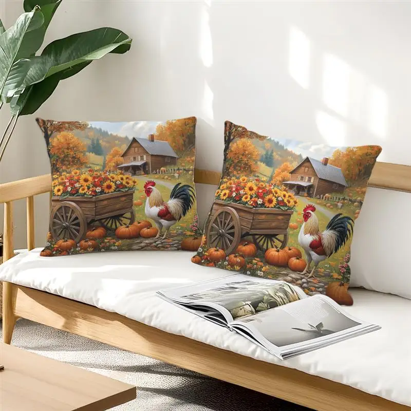 Autumn Decorative Cushions Pillowcase Farmhouse Rooster Pumpkin Maple Leaves Cushion Cover Throw Pillow Sofa Pillowcover Decor
