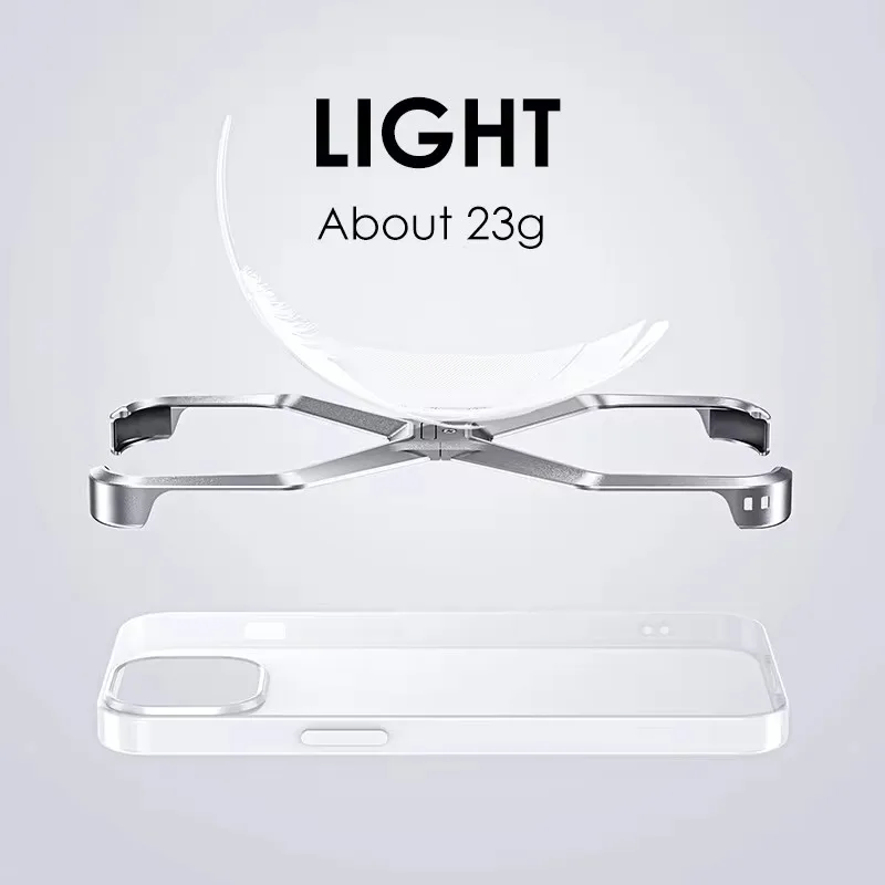 For iPhone 13 14 15 Pro Max Aluminum Alloy X Type Removable Rimless Phone Cases  Metal Heat Dissipation Shockproof Cover Funda