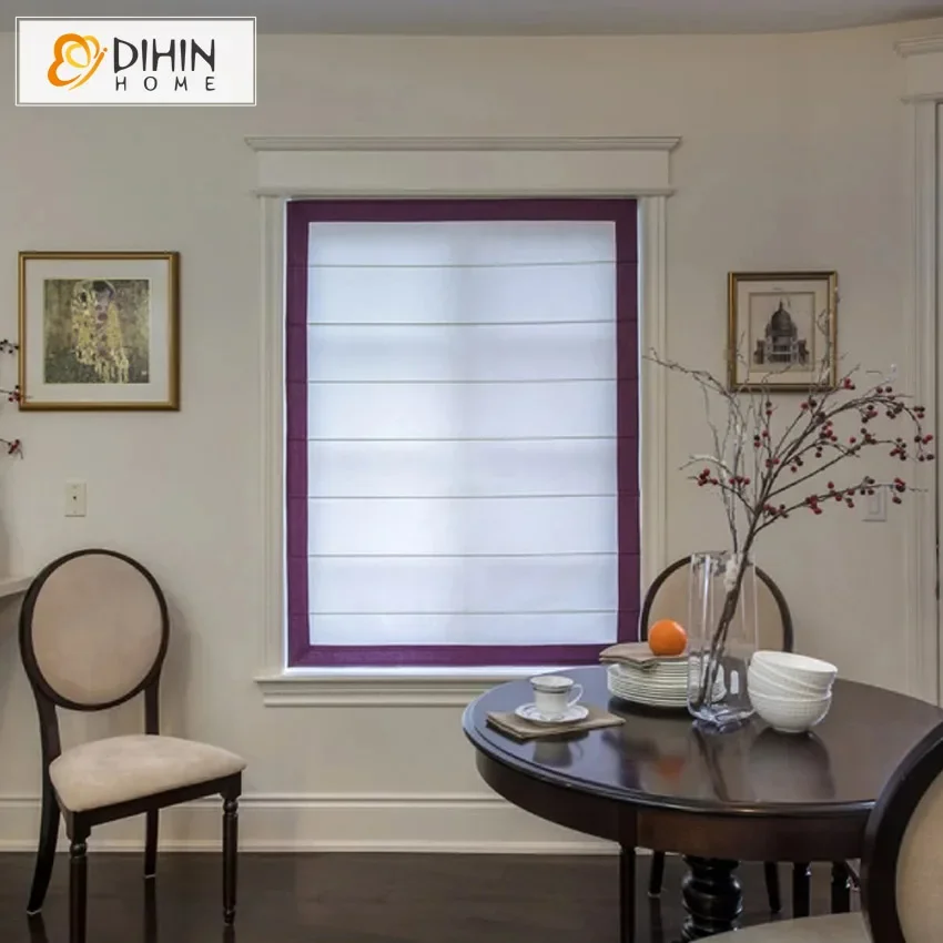 Modern Cotton Linen White With Purple Four Border Trims Roman Shades Light Filter / Blackout Blinds Chain Mechanism