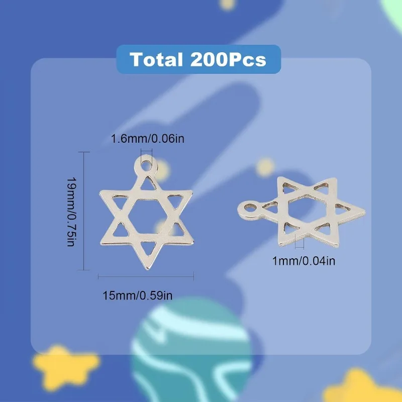 1 Box 200pcs Star of David Charms Stainless Steel Star Charms 6 Pointed Star Charm Double Side Small Jewish Star Charm Laser