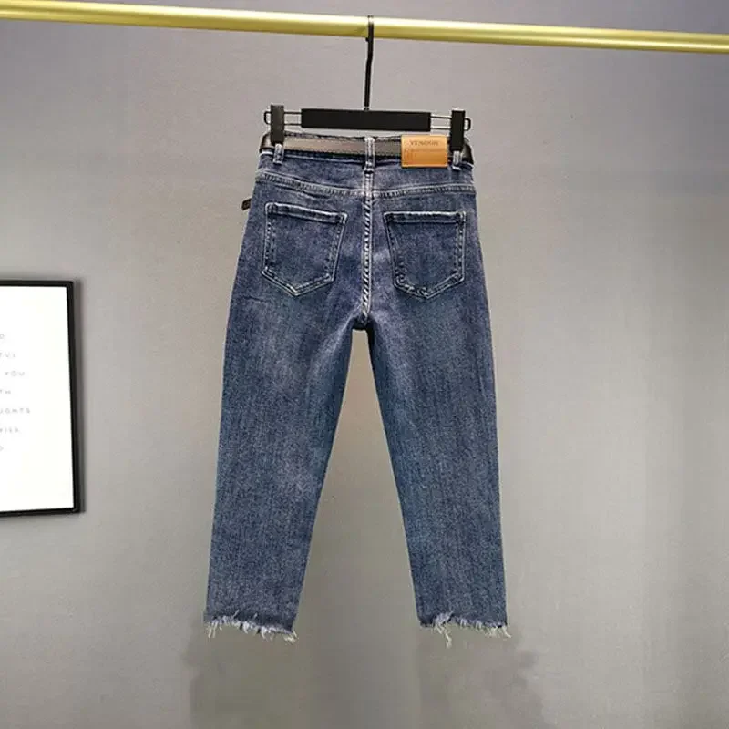 Damskie jeansy z dżetami, cienkie, wyszczuplające, z wysokim stanem, uniwersalne, krótkie, na lato 2024, model XT1192