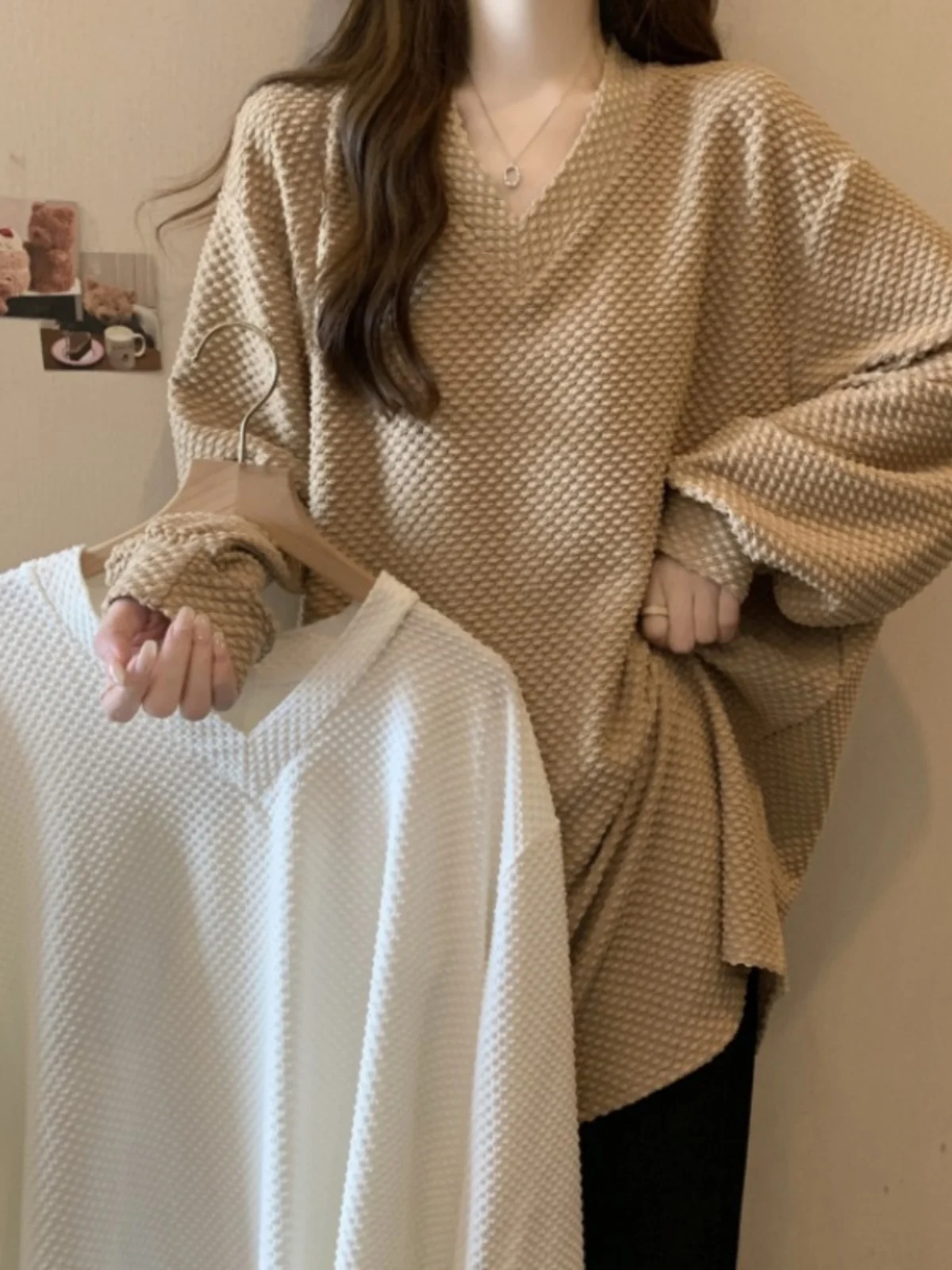 plus Size Autumn Long Sleeve Texture T-Shirt Women's Loose Belly Covering Slimming Effect Korean Style Commute Pure Color