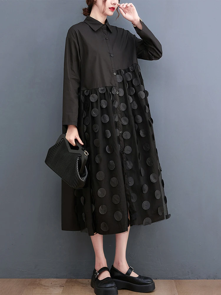 Polka Dot Mesh Patchwork Shirt Jurken Voor Vrouwen Nieuwe Losse Casual Lange Mouw Vintage Jurk Mode Kleding Lente Herfst 2025