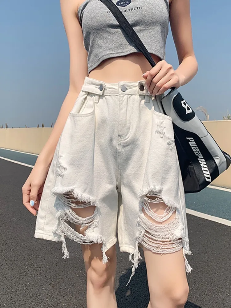 

Denim Shorts Women High Waist Hole Jeans Shorts Summer Streetwear Korean Vintage Distressed Wide Leg Short Pants