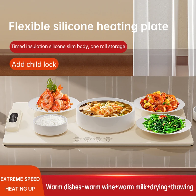 250W Flexible Silicone Heating Plate,Silicone Warm Vegetable Mat,Warming Board,3-Speed Temperature & Timing, With Child Lock