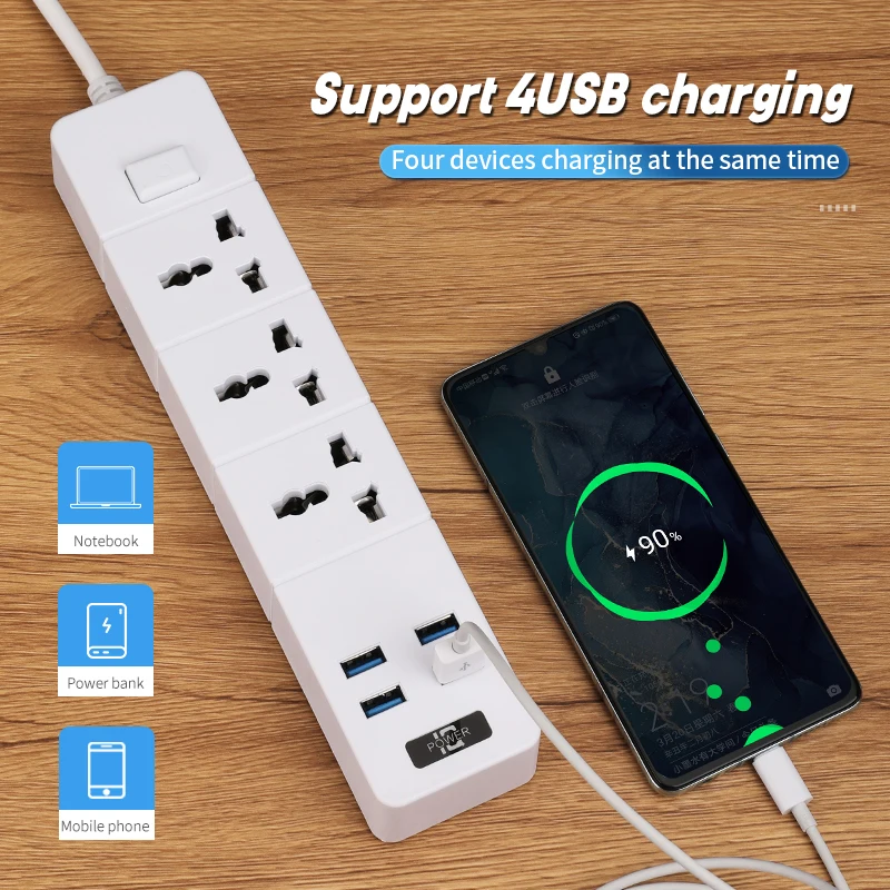 Smart Home Office Charging Station Sockets 2M Cable Power Socket 3 Power Socket 4 Usb Ports US EU UK Power Strip