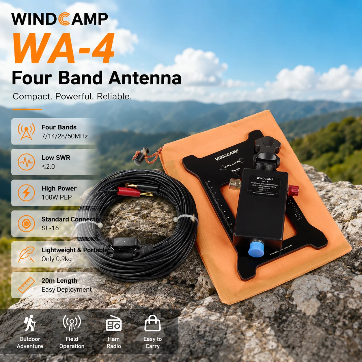 WINDCAMP WA‑4 Quad Band HF Windom Antenna 7/14/28/50MHz 100W PEP Portable Shortwave Ham Radio Antenna SWR≤2.0 SL‑16 Connector fo