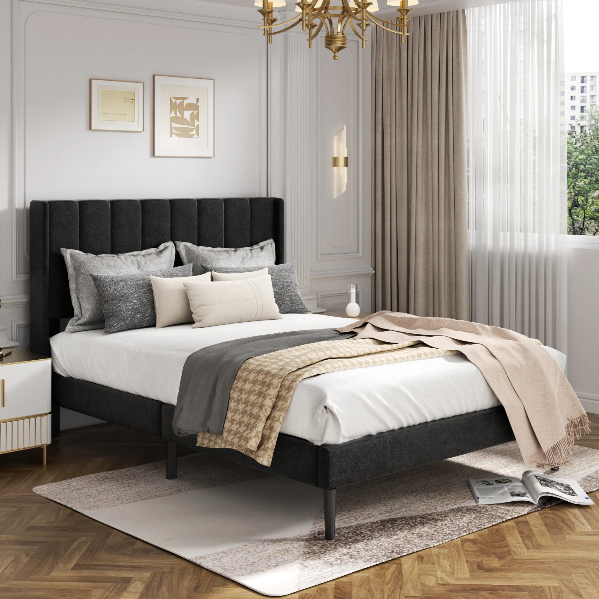 ！@Luxurious King Size Solid Wood Platform Bed Frame Eco-Friendly Durable Design Modern Bedroom Furniture Multifunction Features