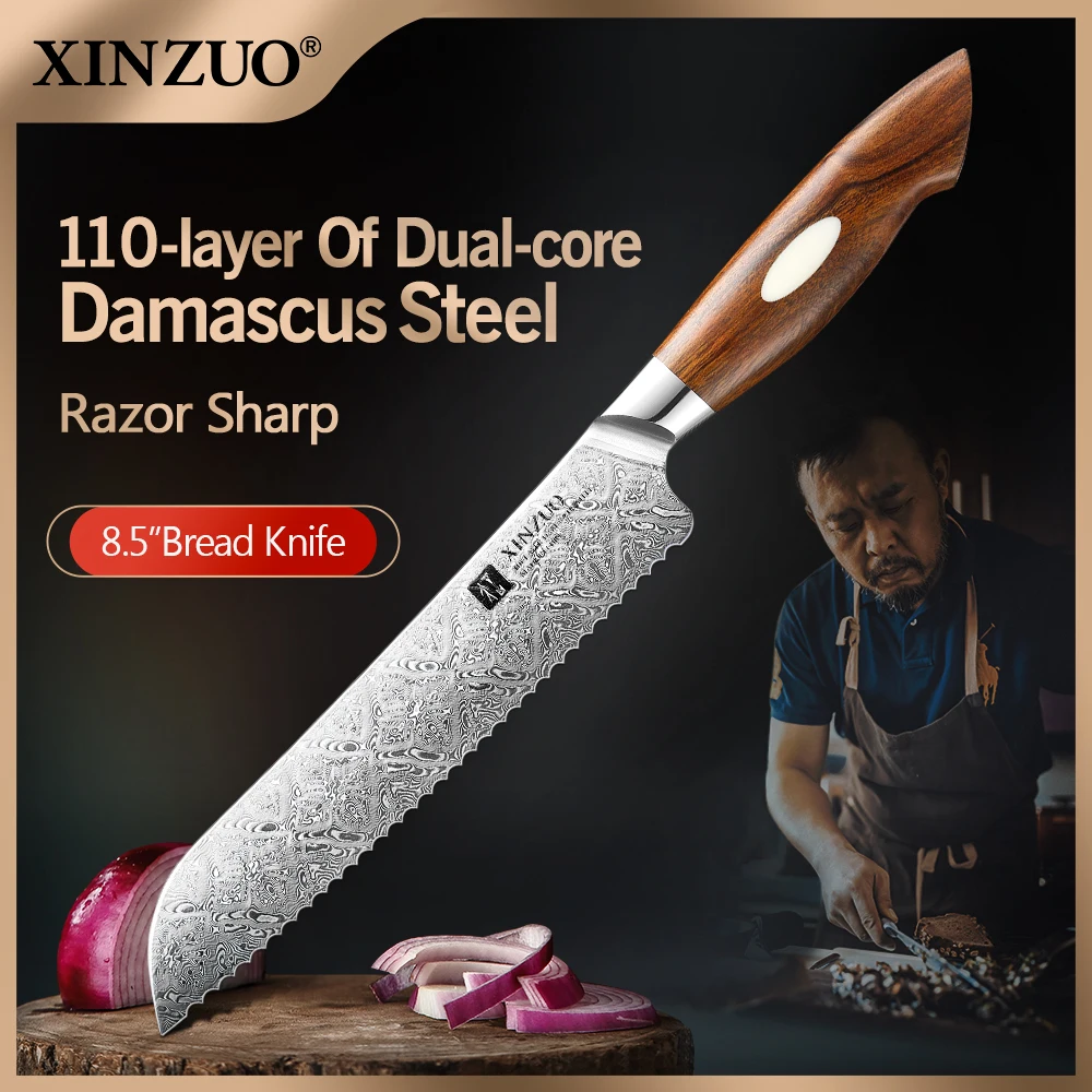 

XINZUO 8.5'' Serrated Knife 10Cr15CoMoV+9Cr18MoV Composite Forging Damascus Stainless Steel BladeNew Design Bread Cheese Tools