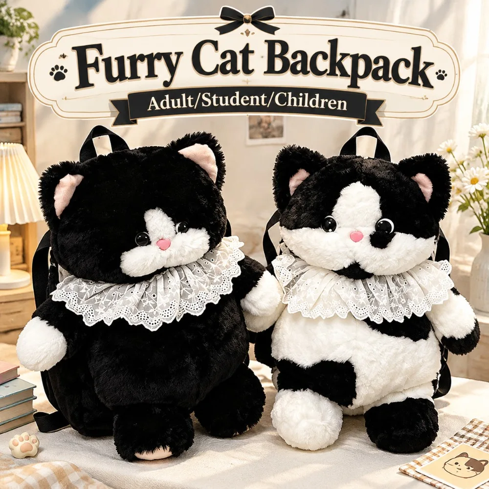 Black White Furry Cat Backpack Zippered Adjustable Strap Cat Shoulder Bag Lightweight Stuffed Animal Purse