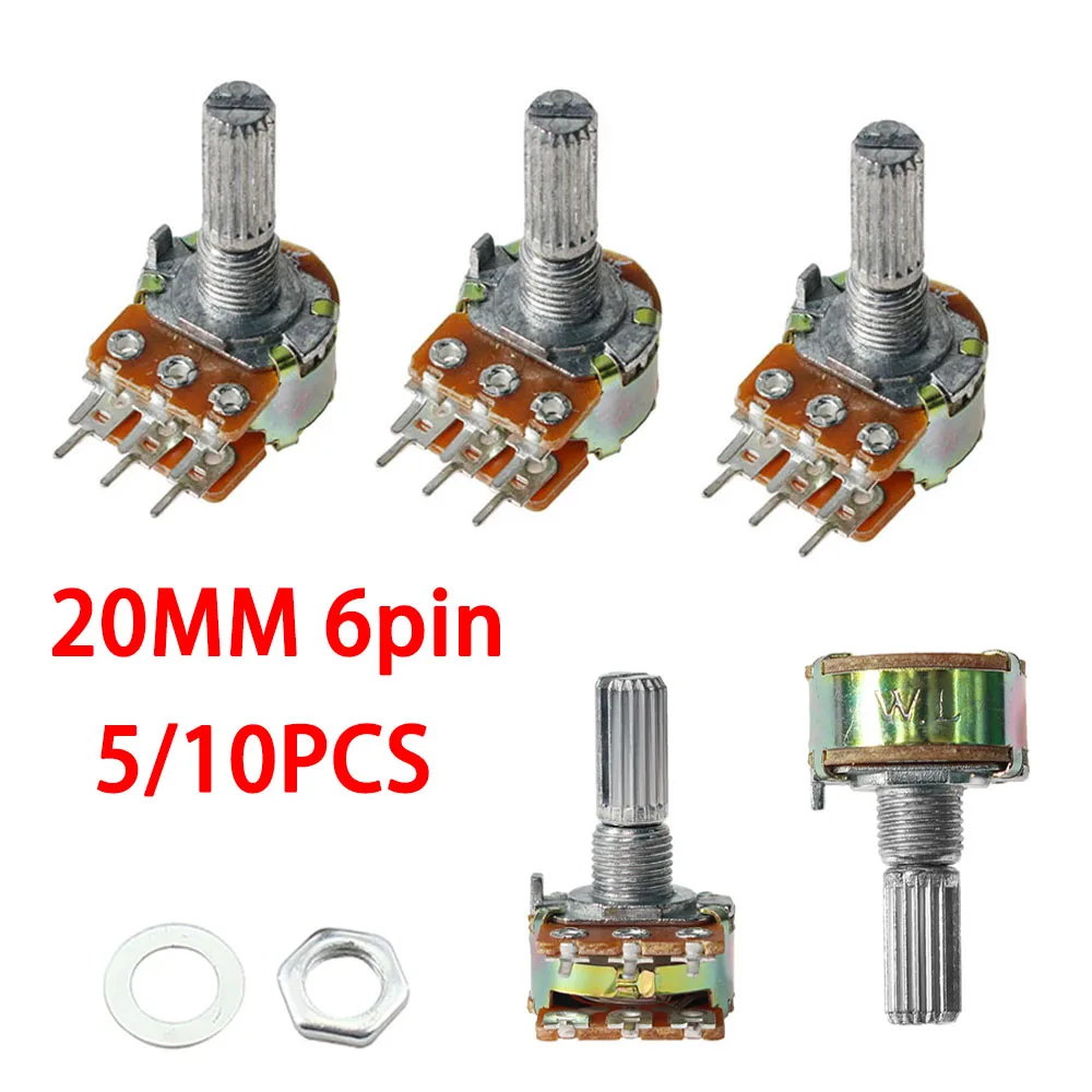 5/10pcs WH148 Dual Gang Potentiometer B1K B2K B5K B10K B20K B50K B100K B1M Shaft 20MM 6Pin Volume Control with Nuts and Washers