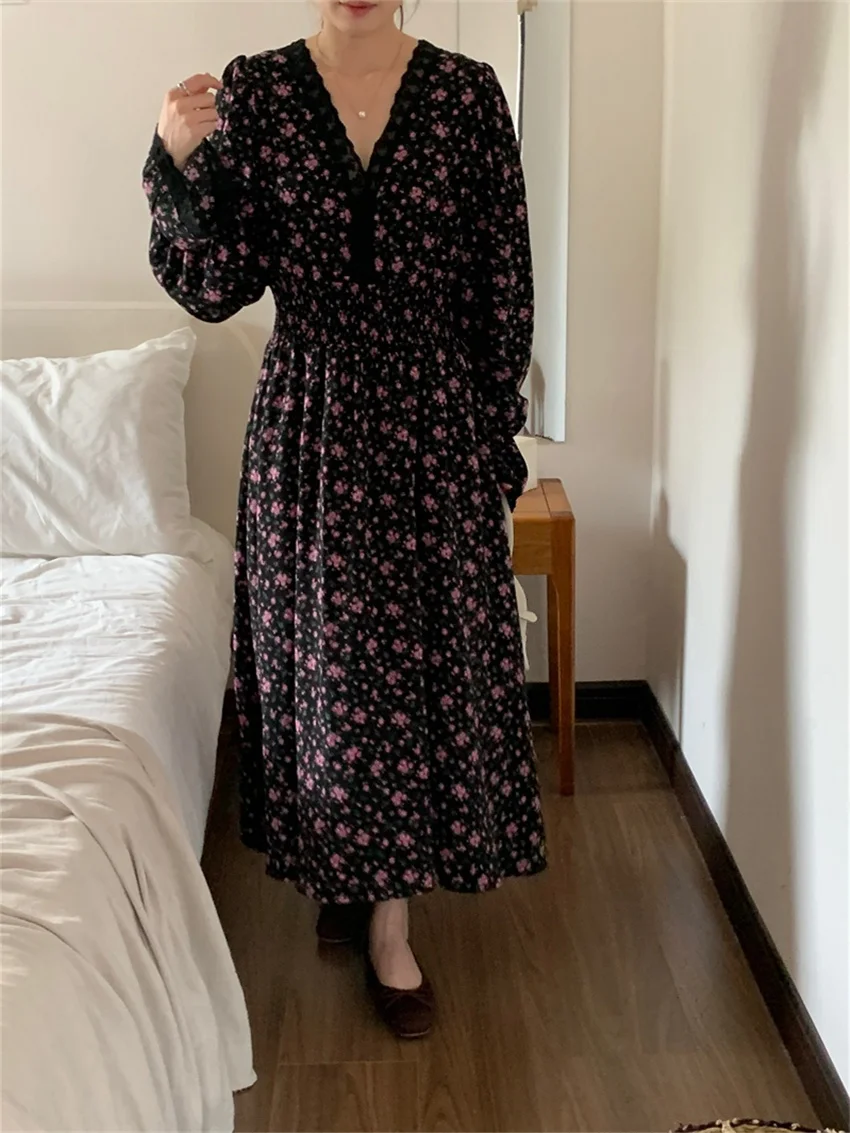 Arazooyi OL Camping Maxi Dress Women Florals Sweet Autumn Full Sleeve 2023 Elegant Lady Gentle Printed V-neck Slim New