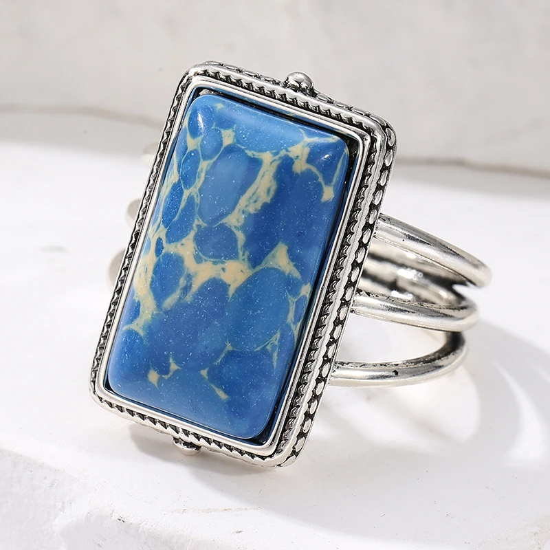 Vintage Quadratischer Ring mit Türkisimitat für Damen Silberfarben Handgeschnitzt Tägliches Tragen Party-Schmuck Jubiläumsgeschenk – Detail 1