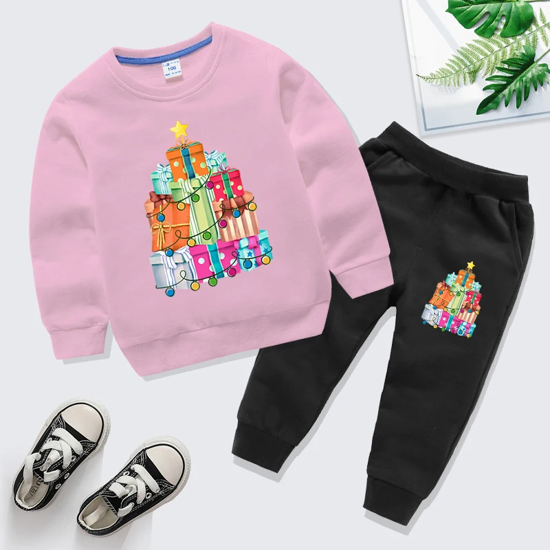 New Year Tracksuit Two Pieces Sets Funny Xmas Gifts Tree Graphics Sweatshirt+Pants Suits Boys Girls Long Sleeve Pullovers Set