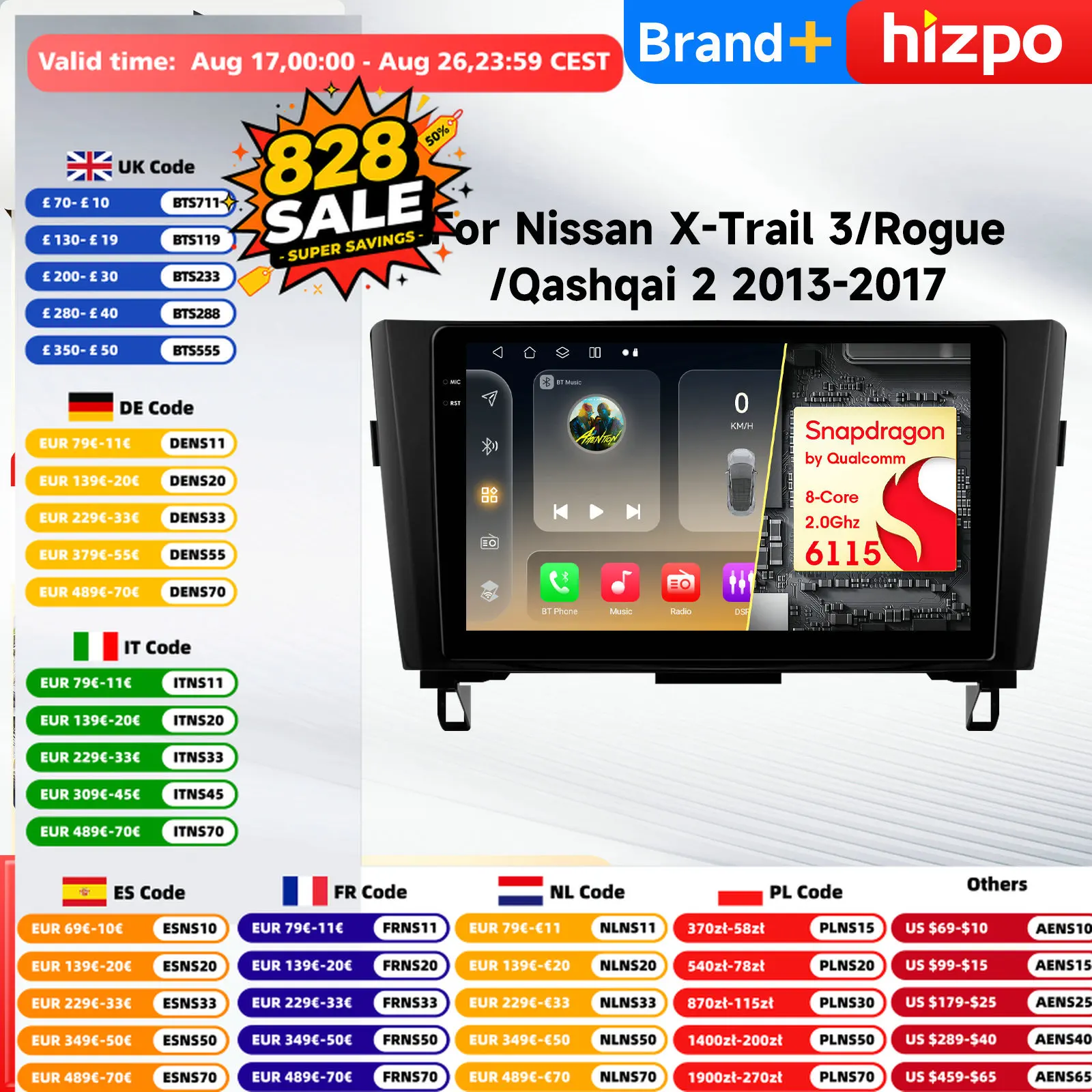 Hizpo Android Auto-Multimediaplayer für Nissan X-Trail Xtrail X Trail 3 T32 Qashqai 2 J11 GPS Carplay Autoradio Snapdragon Video