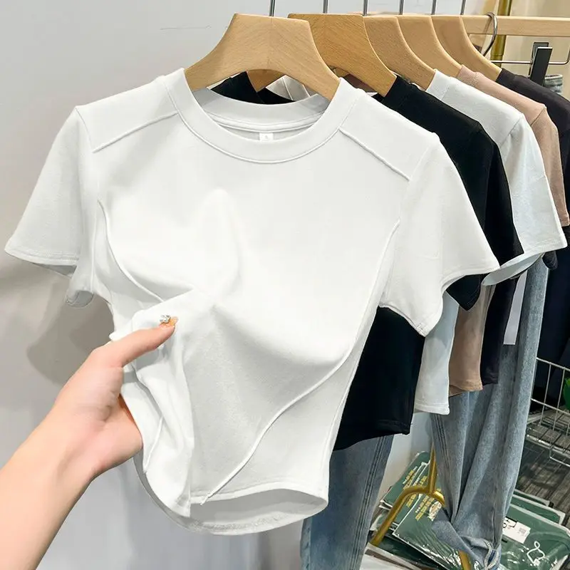 2026 Summer White T-shirt Cotton Female Short-sleeved Student Versatile Slim T-shirt Harajuku Crop Top Trend