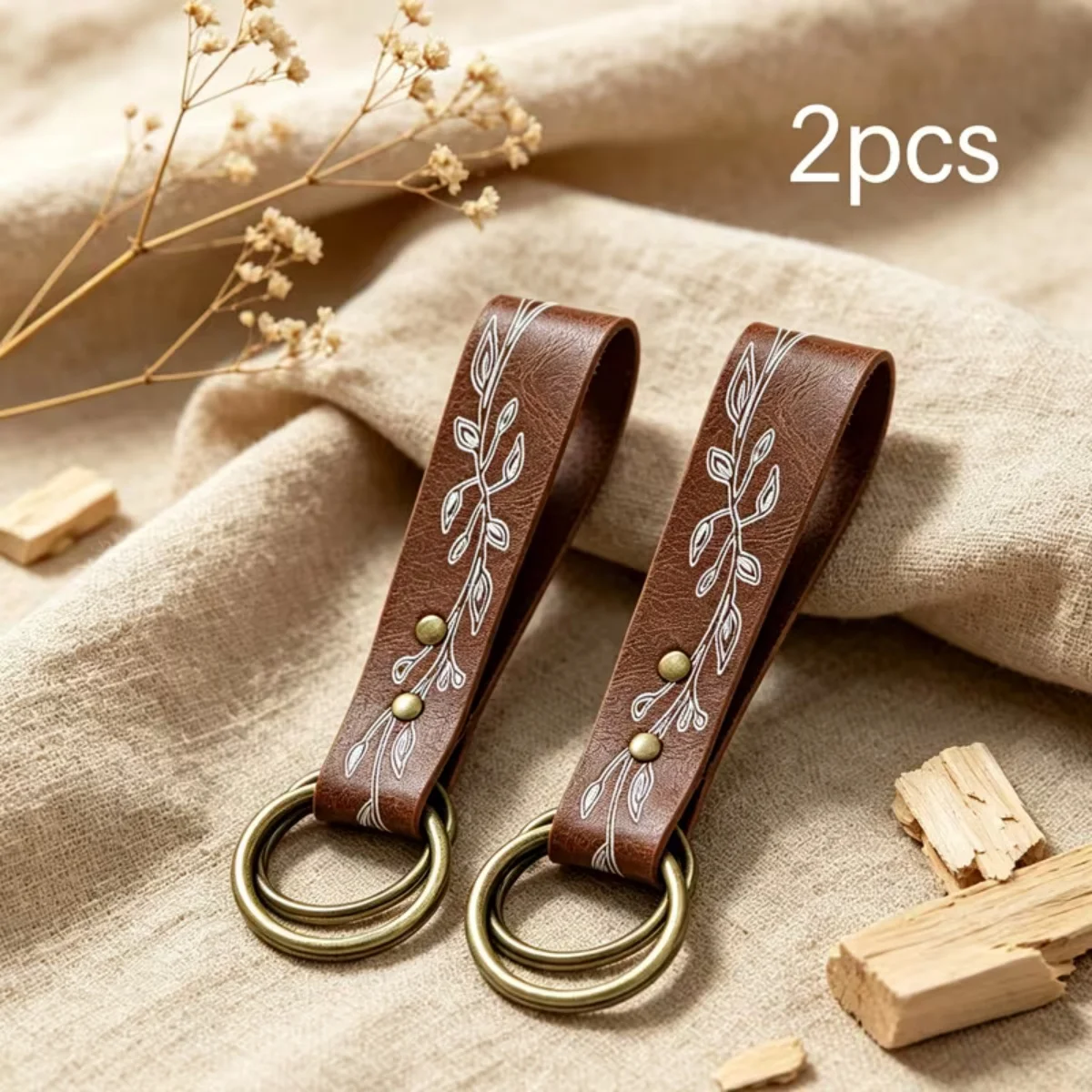 2pcs Vintage Branch Leaf Printed Faux Leather Belt Skirt Clip, Mori Pastoral LARP Medieval Outdoor Camping Wear Belt