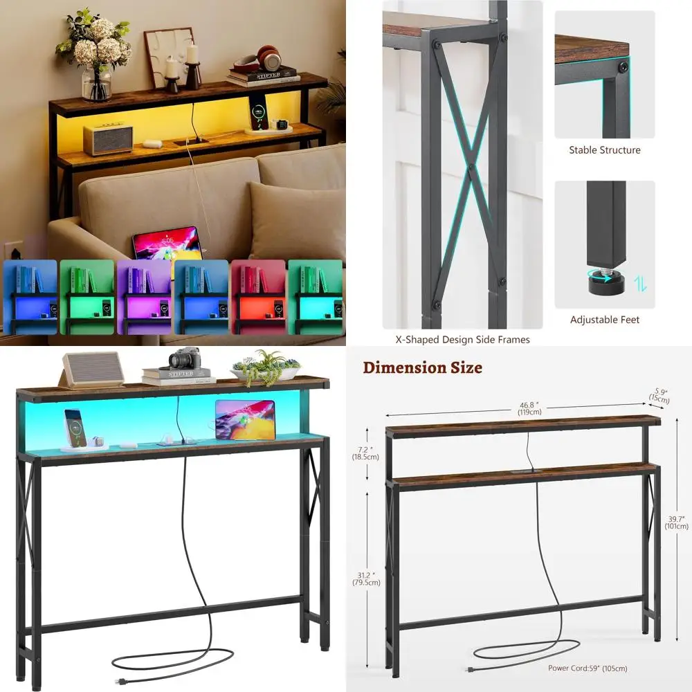 

Консольный столик со светодиодной подсветкой 5,9 и зарядной станцией, тонкий диван-стол 46,8, розетки, коричневый и черный в деревенском стиле для гостиных