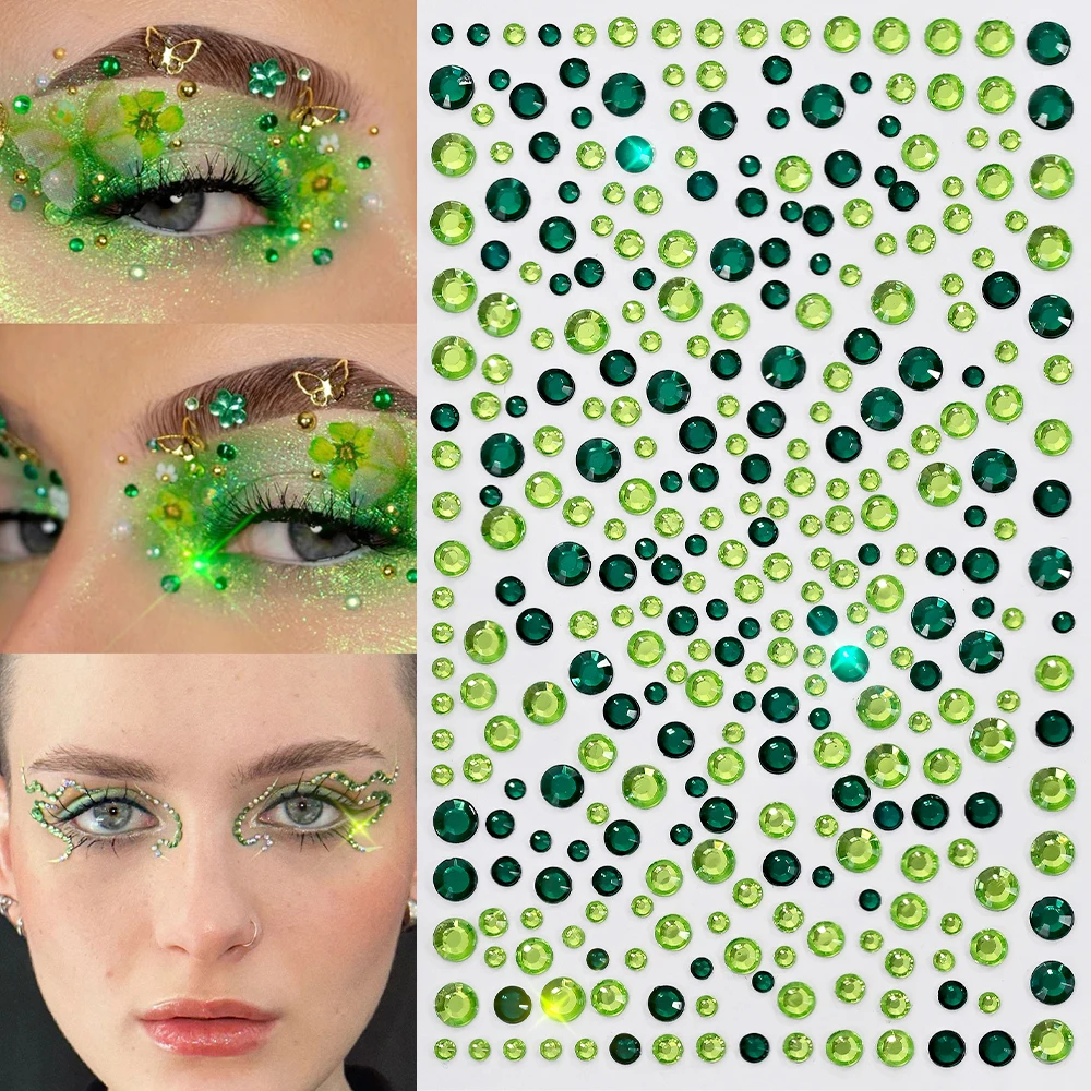 

1 лист, татуировки с зелеными бриллиантами, самоклеящиеся наклейки для теней для век, глаза, лицо, драгоценный камень, стразы с плоской задней поверхностью, женские украшения для макияжа «сделай сам»