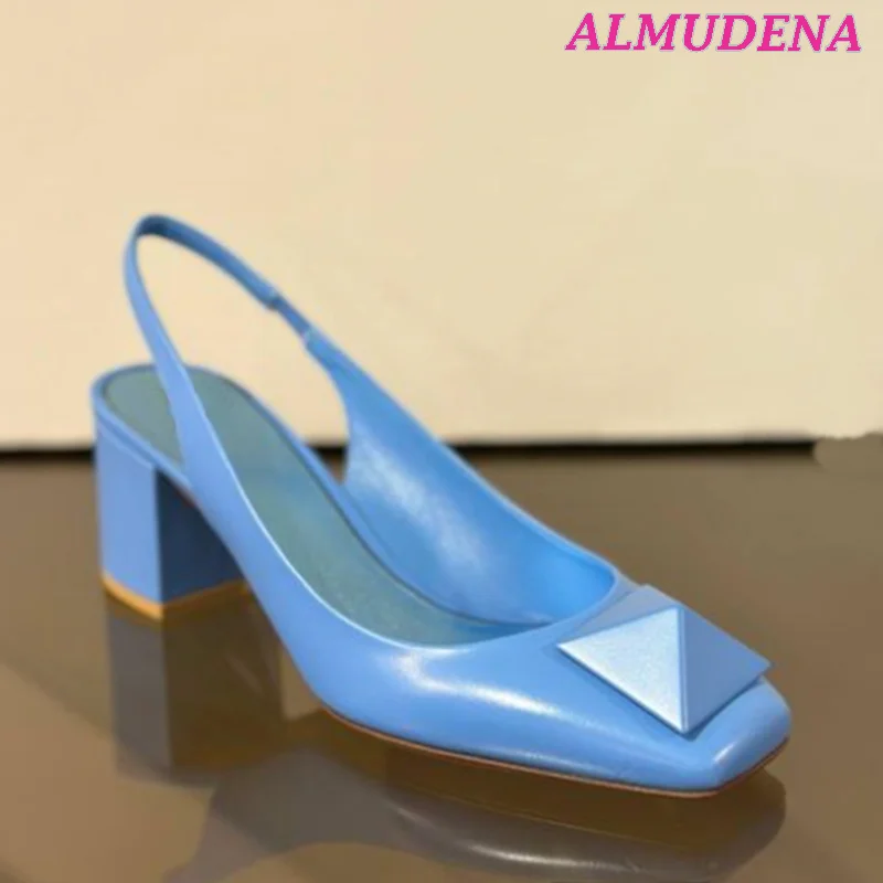 One Stud Slingback Leather Sandals Chunky Block Heel Pumps in Pink\Blue\Black Dress Heels Luxury Designer Summer Comfy Shoes