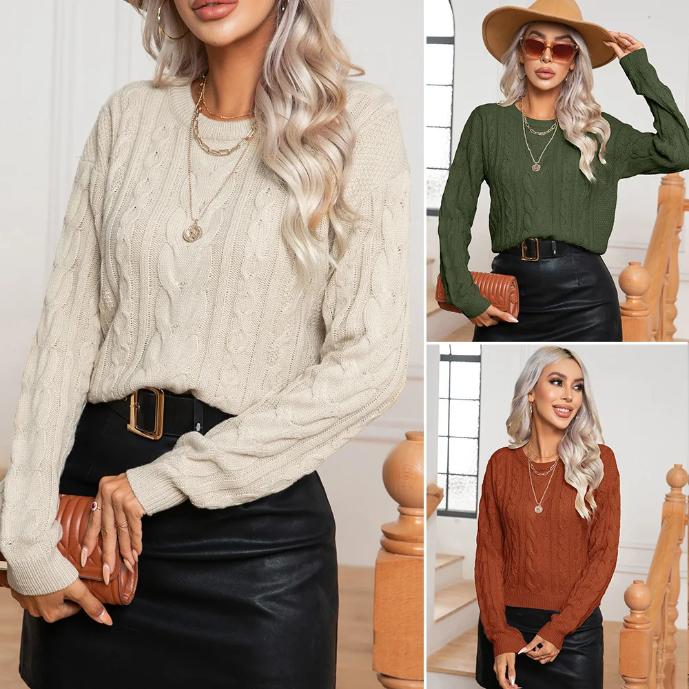 

Retro twist twisted flower long sleeve knitted pullover sweater women's autumn and winter new European and American women's wear