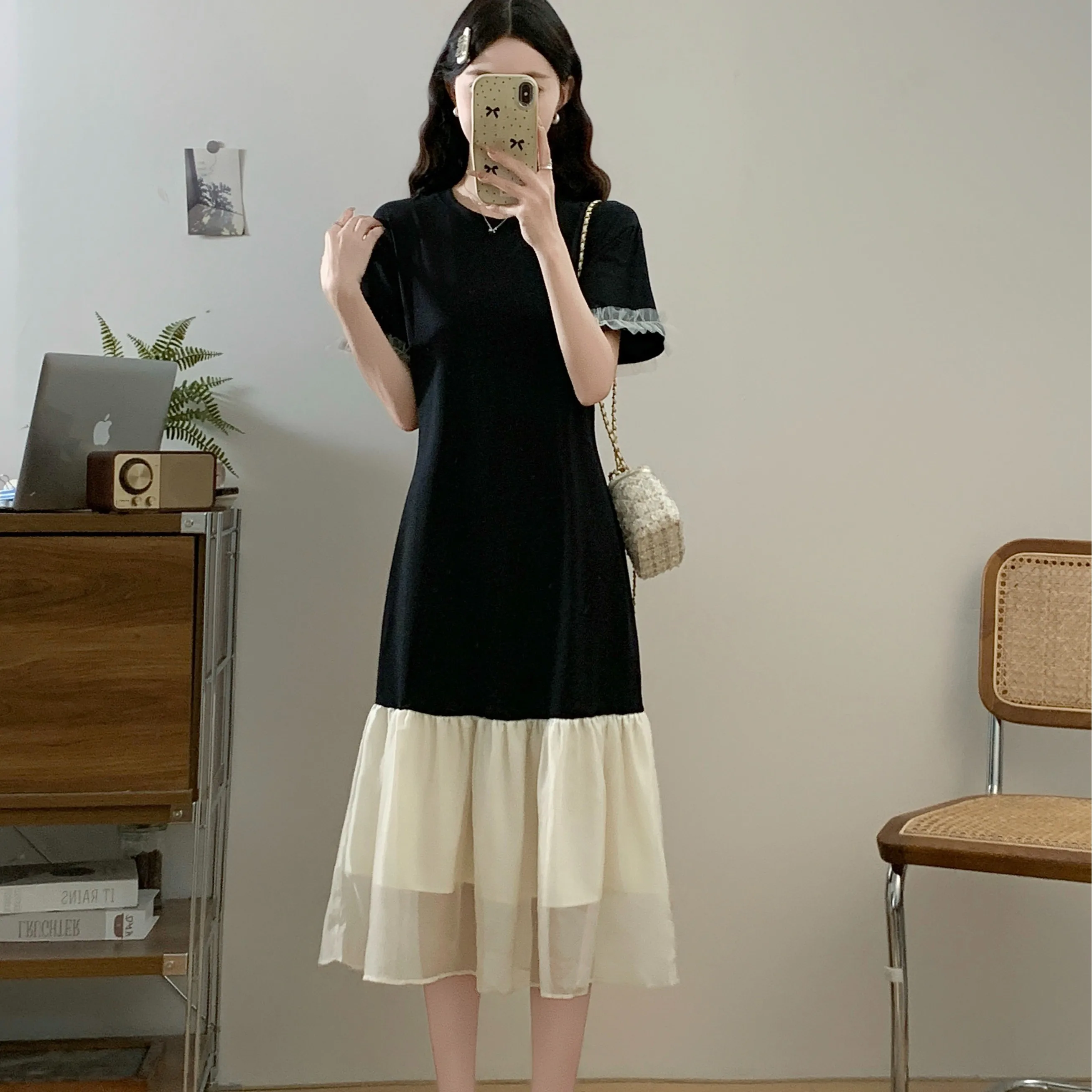 Grande taille lâche Dres femmes 2025 été nouveau Sle Midi a-ligne t-shirts jupe avec coréen Sle taille ample ort Sve Sli...