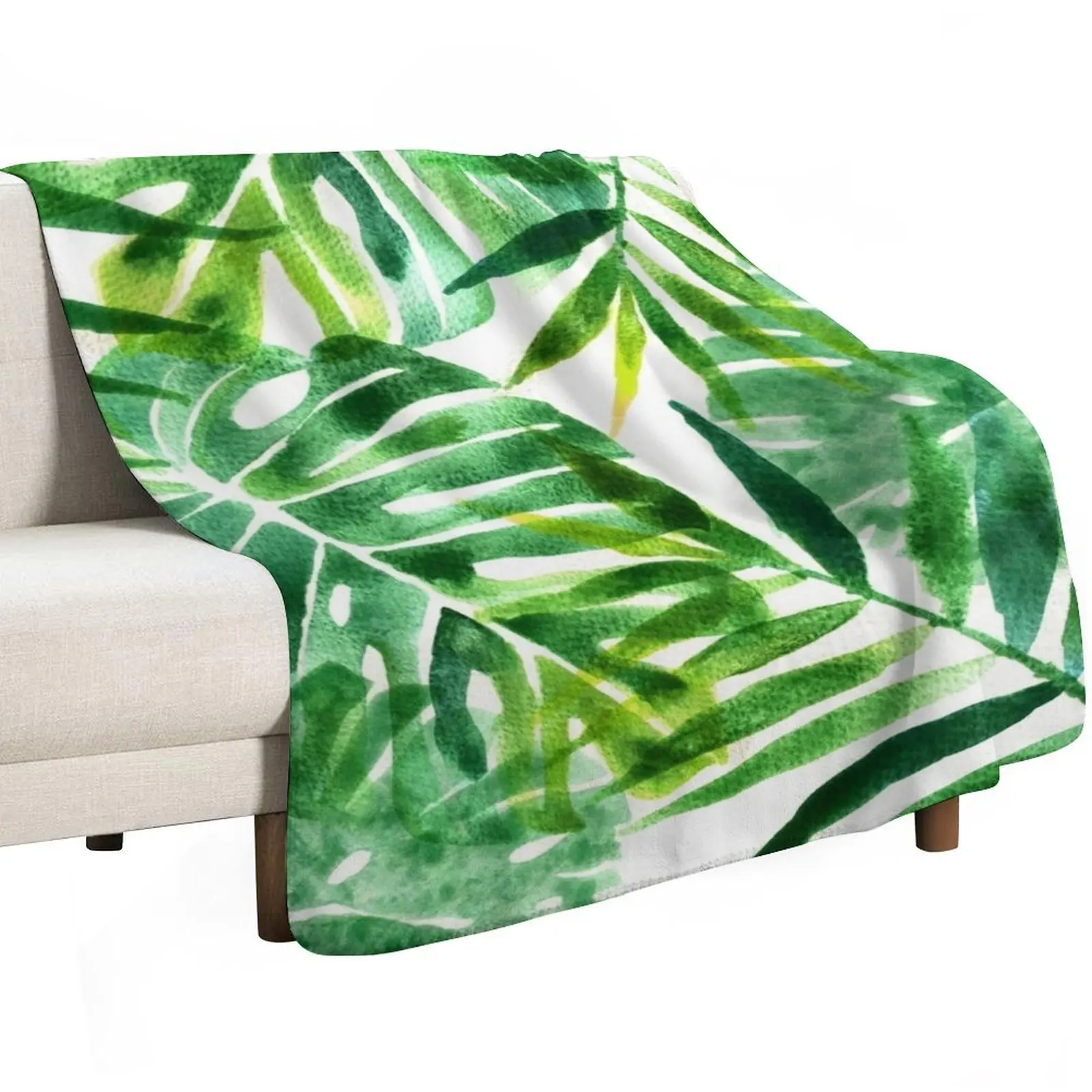 Monstera and palm watercolor Throw Blanket Travel Size Cozy Blanket for Plane Train