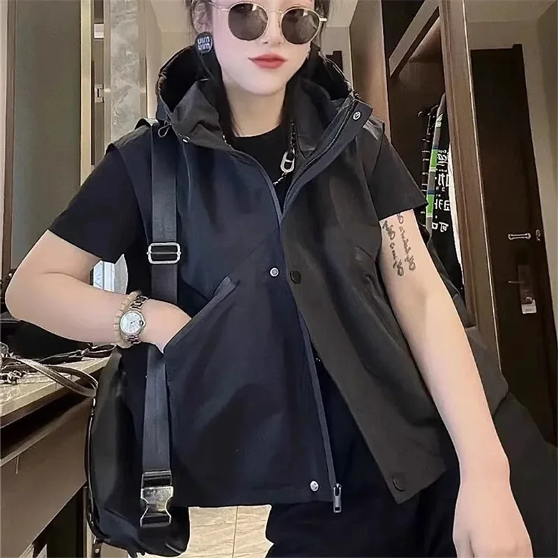 Spring Autumn Hooded Waistcoat Women 2024 New Fashion Loose Casual Workwear Tops Pure Colour Zipper Pocket Outerwear Female