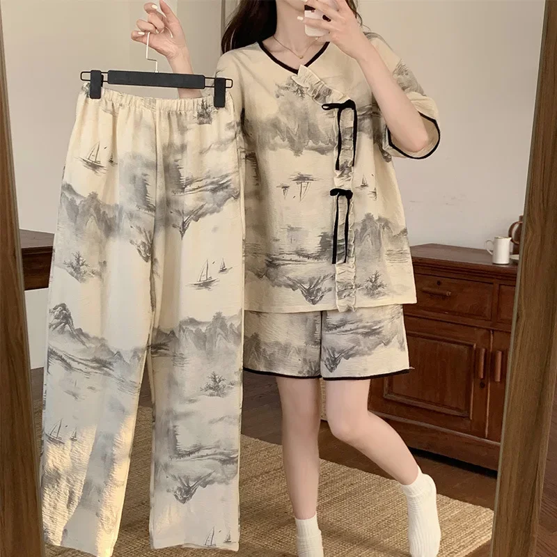 Cotton Short Sleeve Pants Floral Print Woman Satin Pajama Sets Ensembles 3 Piece Lady Outfit Lounge Women Pijama Sleepwear Pj