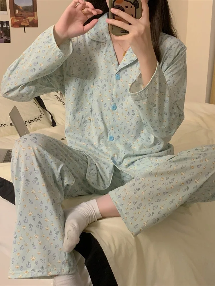 

Sweet Floral Print Long Sleeve Sleepwear Set Women's Home Clothes Korean Style Spring Autumn Seasonal Polyester Fabric