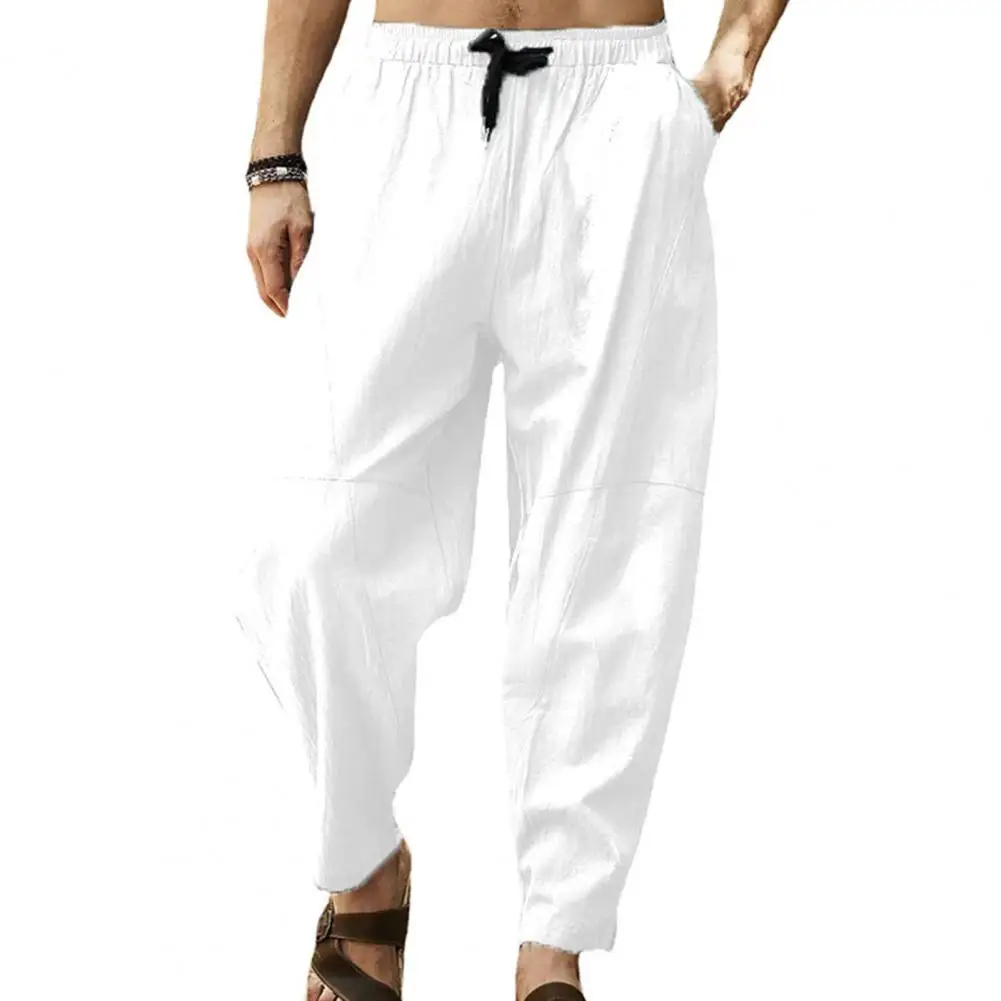 Men Pants Casual Breathable Straight Men Trousers Solid Color Elastic Waist Drawstring Harem Pants For Daily Wear