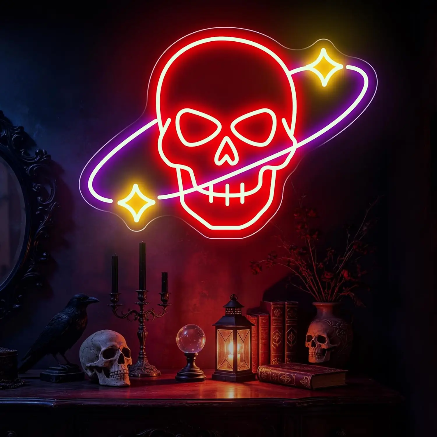 Skull Planet Neon Sign LED Light, Gothic Wall Neon Light Decor, Halloween Party Game Room Bedroom Bar Wall Art Decoration Gift