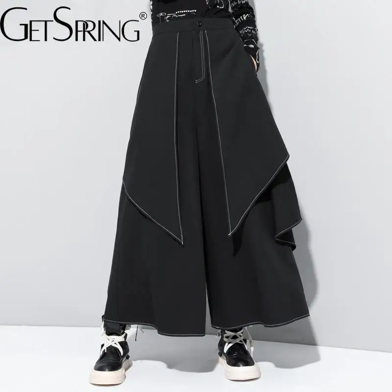 GetSpring Women Pant Capris 2024 Autumn Winter Bright Line Decoration High Waist Loose Casual Long Black Wide Leg Pants Trousers