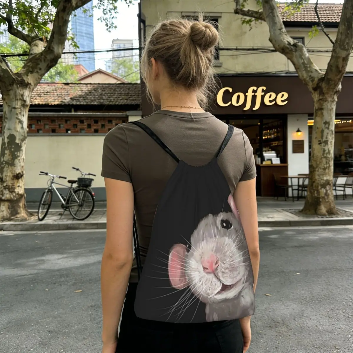 The Peeking Rat (Grey Black) Backpacks Multi-function Drawstring Bundle Pocket Sports Bag Book Bags for Travel School