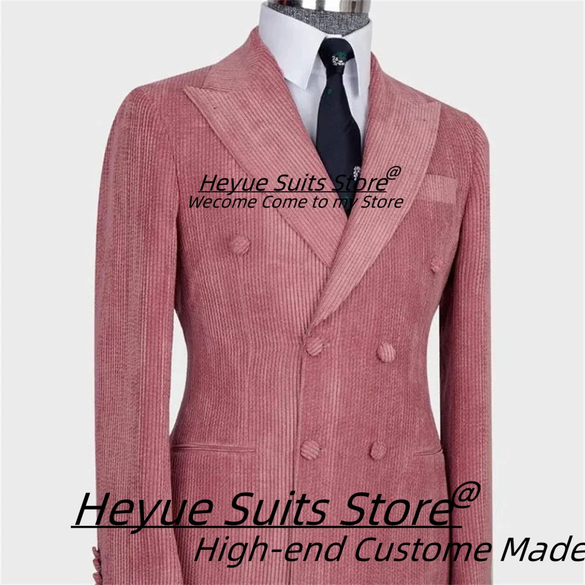 Pink Corduroy Elegant Men Suits Slim Fit Double Breasted Groom Formal Tuxedos 2 Pieces Sets Business Male Blazers Costume Homme