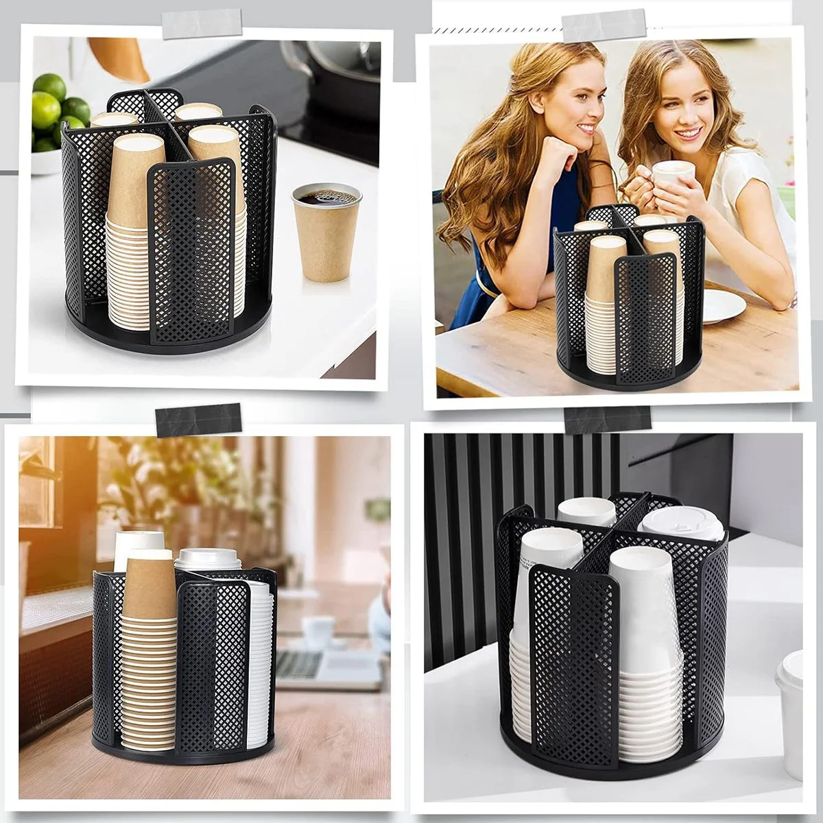 Rotatable Cup and Lid Organizer with 4 Compartments, Coffee Cup Dispenser,Paper Cup Storage Holder, for Countertop Black image 6
