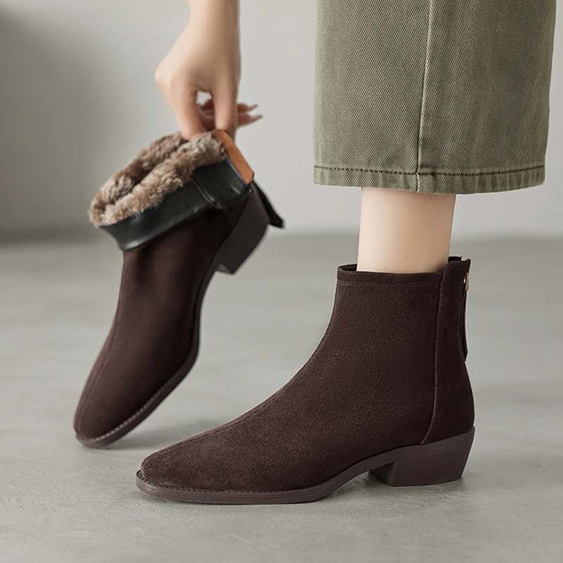 

Women's new winter warm wool genuine leather cow suede mid heel plus retro back zipper and calf Chelsea short boots snow boots