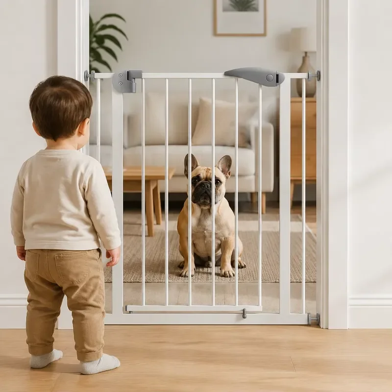 Adjustable Steel Safety Door Double Lock Pressure Mount No Drilling Guardrail for Toddler Pet Stairs Kitchen