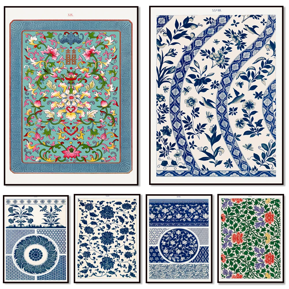 Patrón floral azul geométrico abstracto de Owen Jones, impresión del Museo de Kensington del Sur, póster floral, arte de pared, decoración del hogar