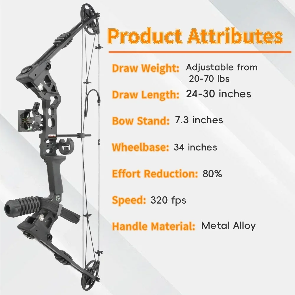 Archery Bowfishing Compound Bow Set 20‑70 Lbs 320 FPS 80% Let‑off Right Left Hand Complete Kit Equipped with Reel and Arrows for Outdoor Sport Activities