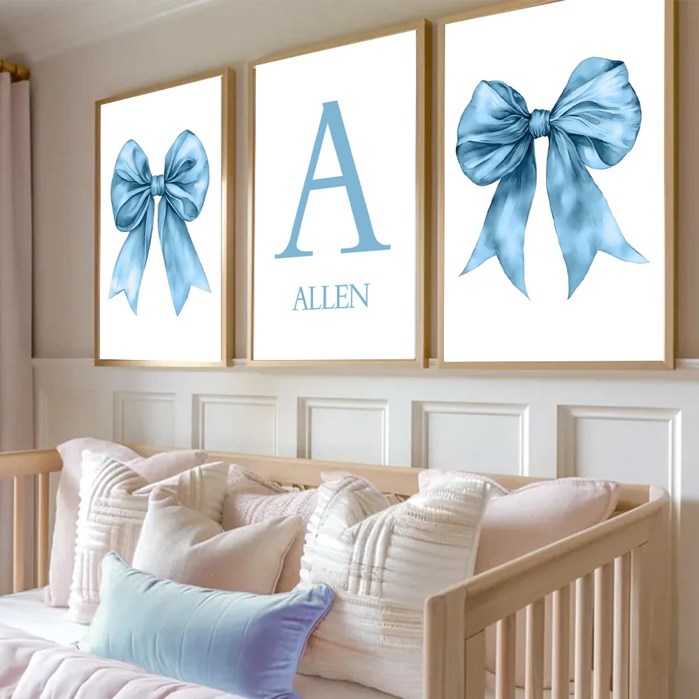 Blue Bow Canvas Painting Personalized Custom Name Wall Art Nursery Posters and Prints Nordic Wall Pictures Baby Girls Room Decor