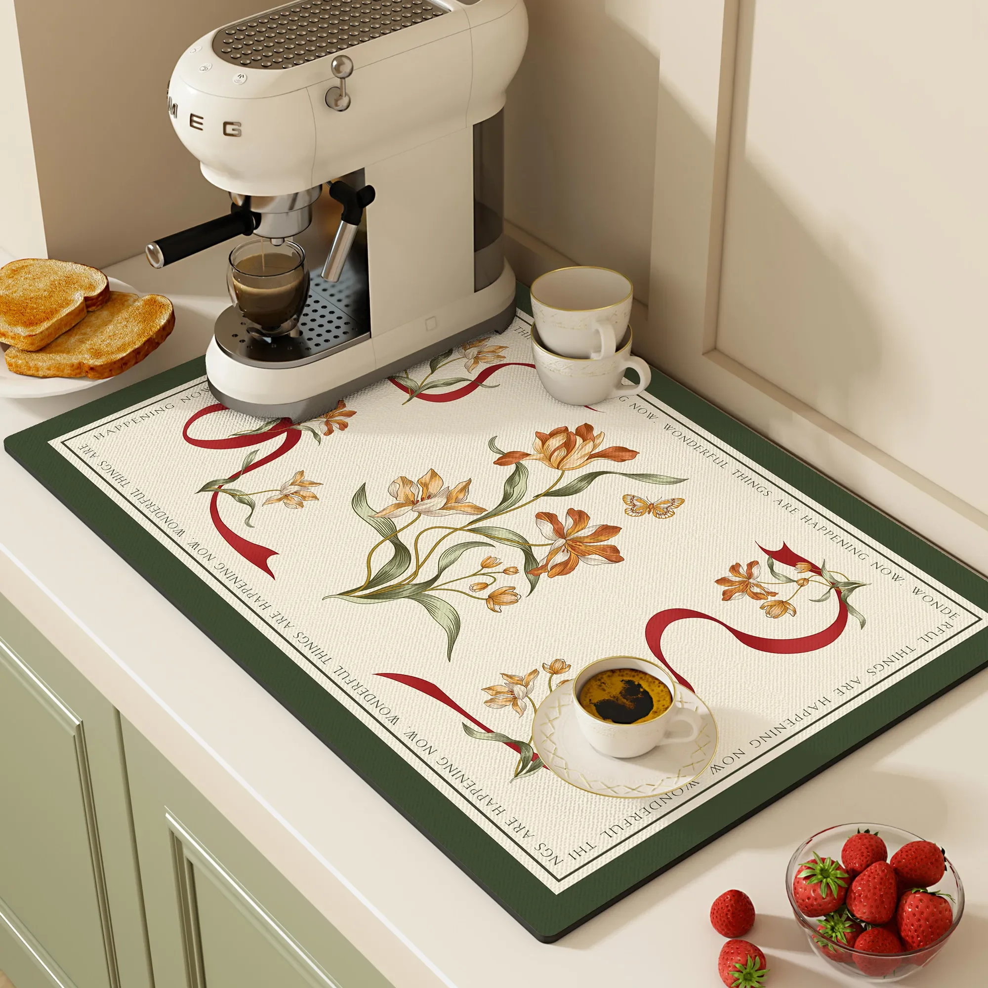 Retro Moroccan Tile Drying Mat Colorful Floral Geometric Print Non Slip Absorbent Pad For Espresso Kitchen Counter Decor