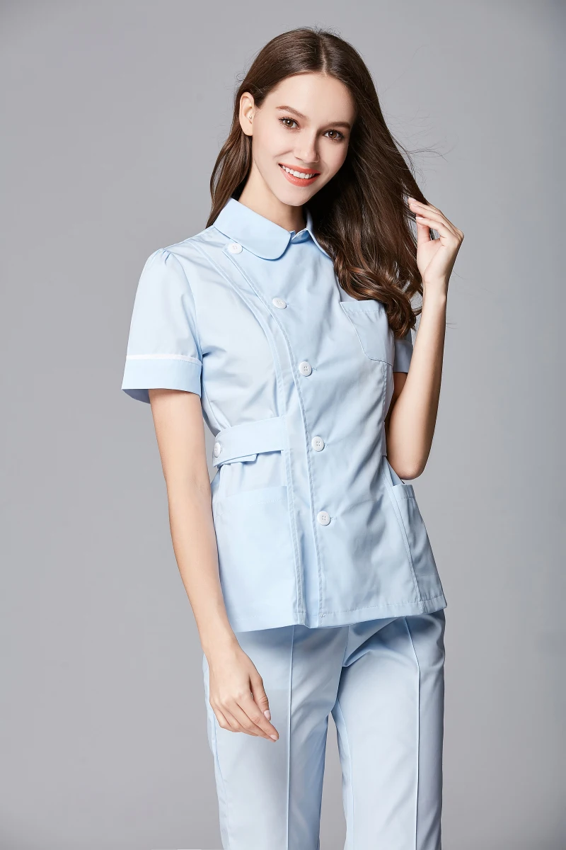 Front Side Button Opening Nurse Uniform Summer Short Sleeve Simplicity Beauty Salon Skin Caring Dental Workingwear Top+Pant