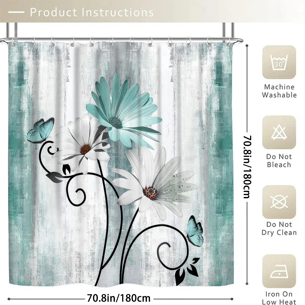 1/4 Piece Shower Curtain Set, Waterproof Bathroom Partition Curtain with Hooks, Anti-Slip Bath Rug, U Shape Mat, Toilet Seat Cov