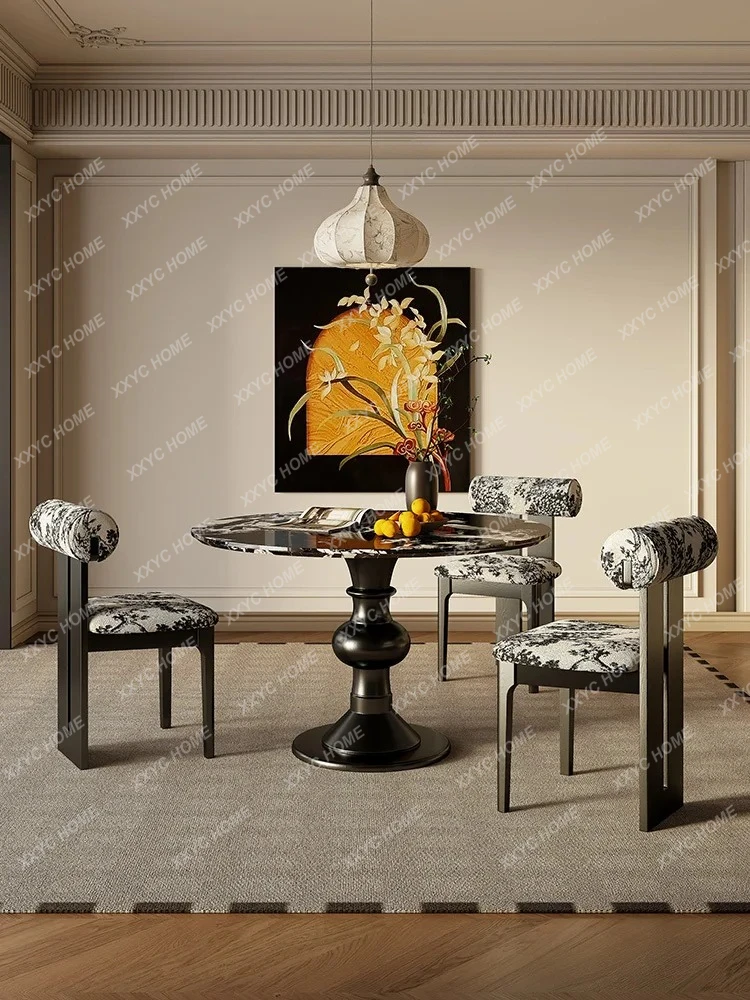 

black natural luxury stone marble dining table and chairs high-end household solid wood round table combination