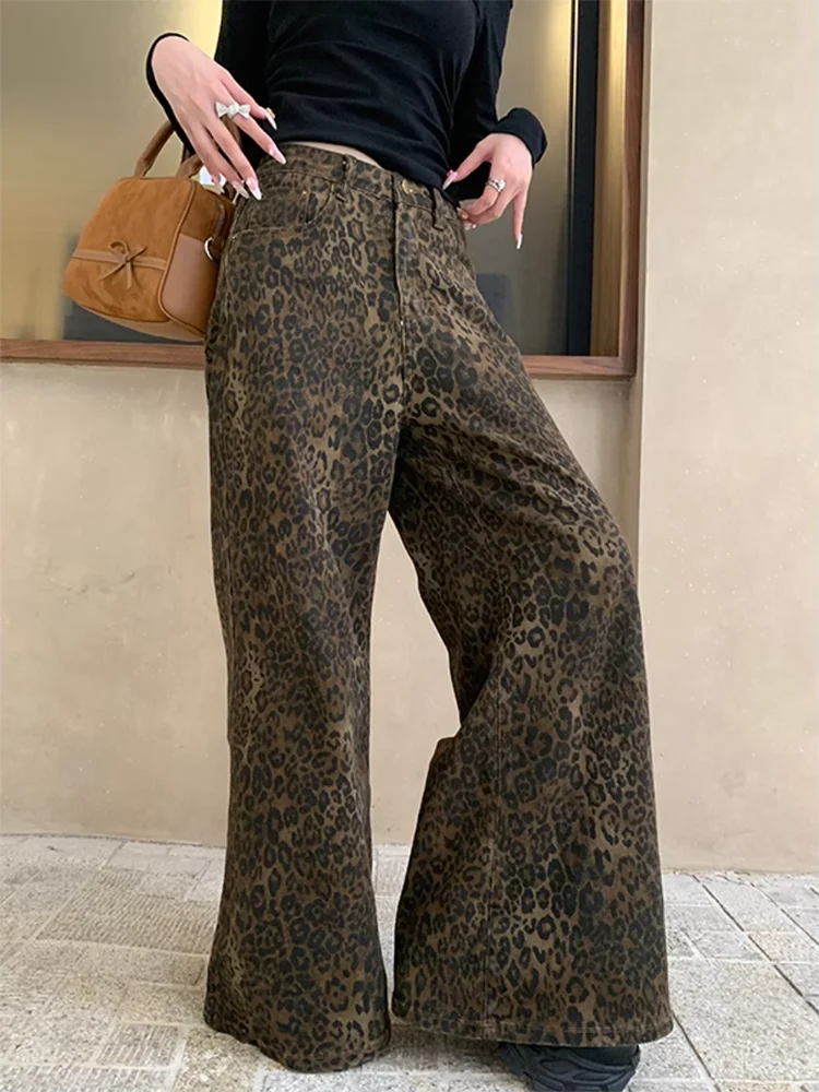 

Y2K джинсы с леопардовым принтом женские с высокой талией в стиле ретро широкие брюки свободные прямые расклешенные брюки осень-весна стиль