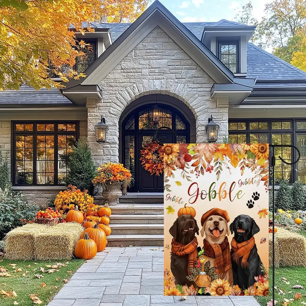 MEHOFOND Fall Thanksgiving Gobble Garden Flag, Give Thanks Double Sided Pets Dog Puppy Gobble Turkey Pumpkin Maple Leaves Su yyi
