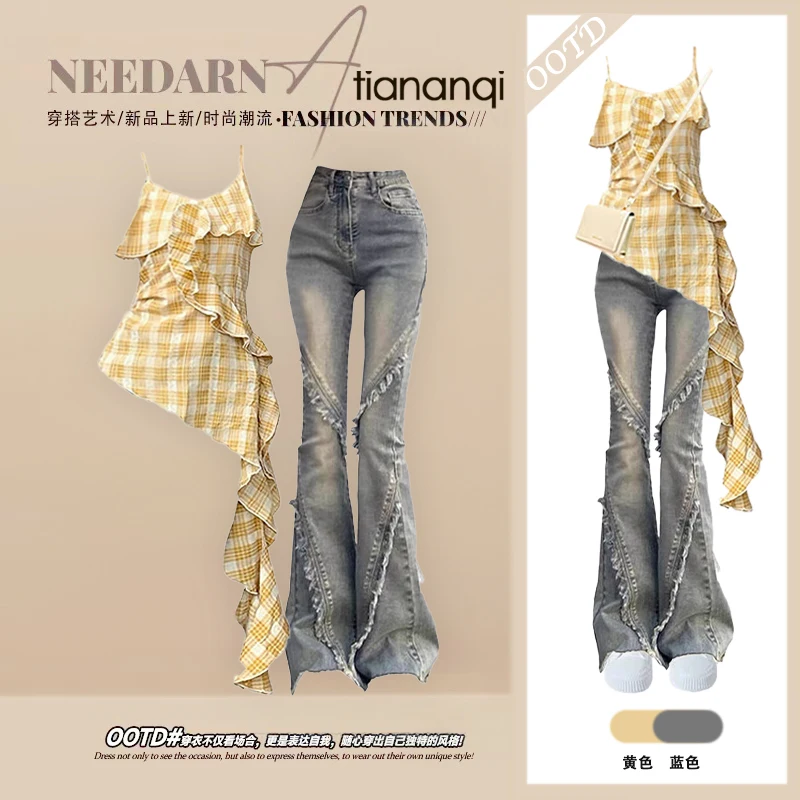 

Sexy Korean Sle Bell Bot Jeans Set Women's Summer 2025 New Vintage Slimming Versatile Top And Bot Faionable Ensemble