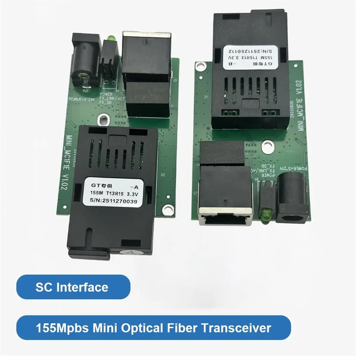 A85P 100M Ethernet Fiber Media Converter PCB Board,1x RJ45 & 1x SC Port,1 Pair Ethernet Fiber Optic Transceivers for Switch